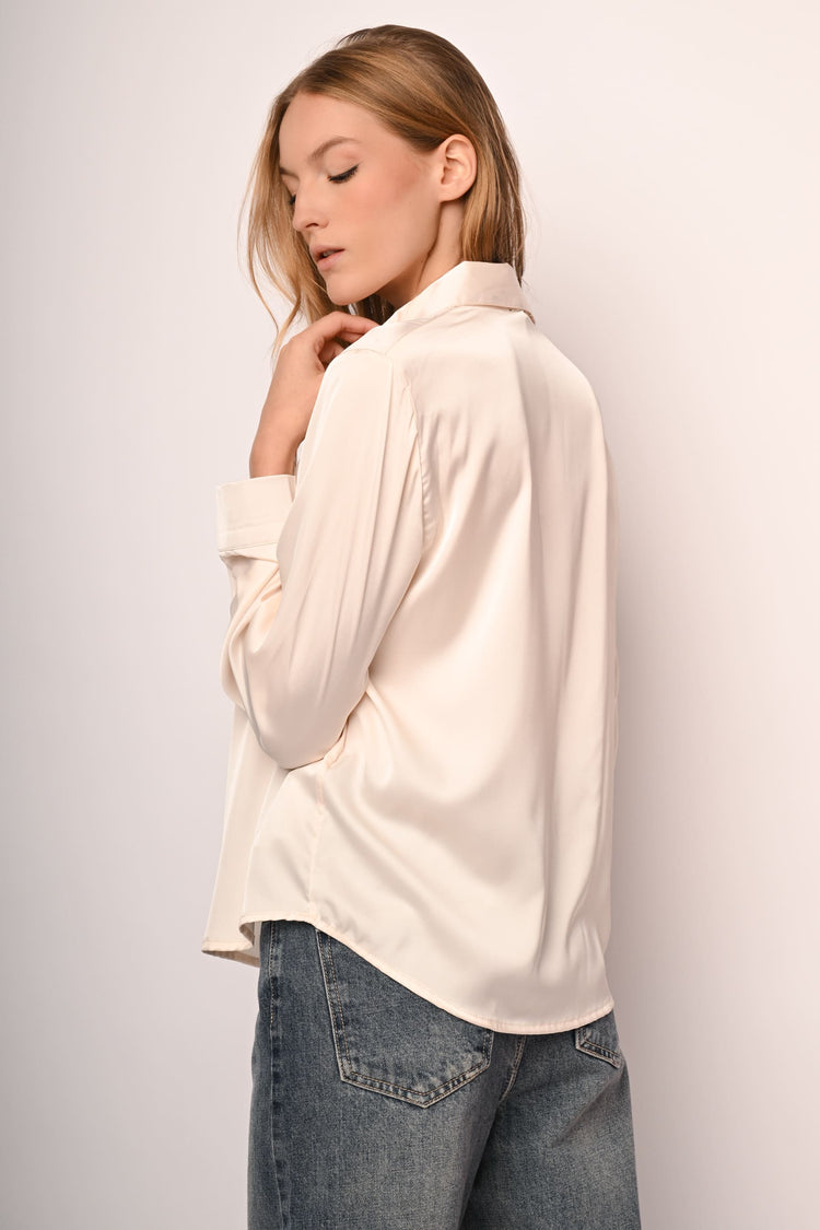 Rhinestone-collar satin shirt