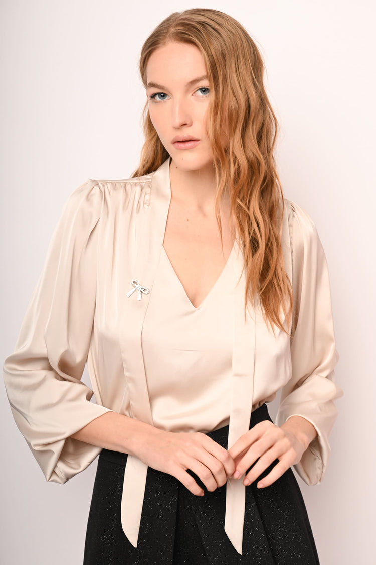 Pin-detail pussy-bow-neck satin blouse
