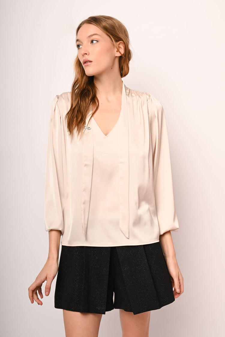 Pin-detail pussy-bow-neck satin blouse
