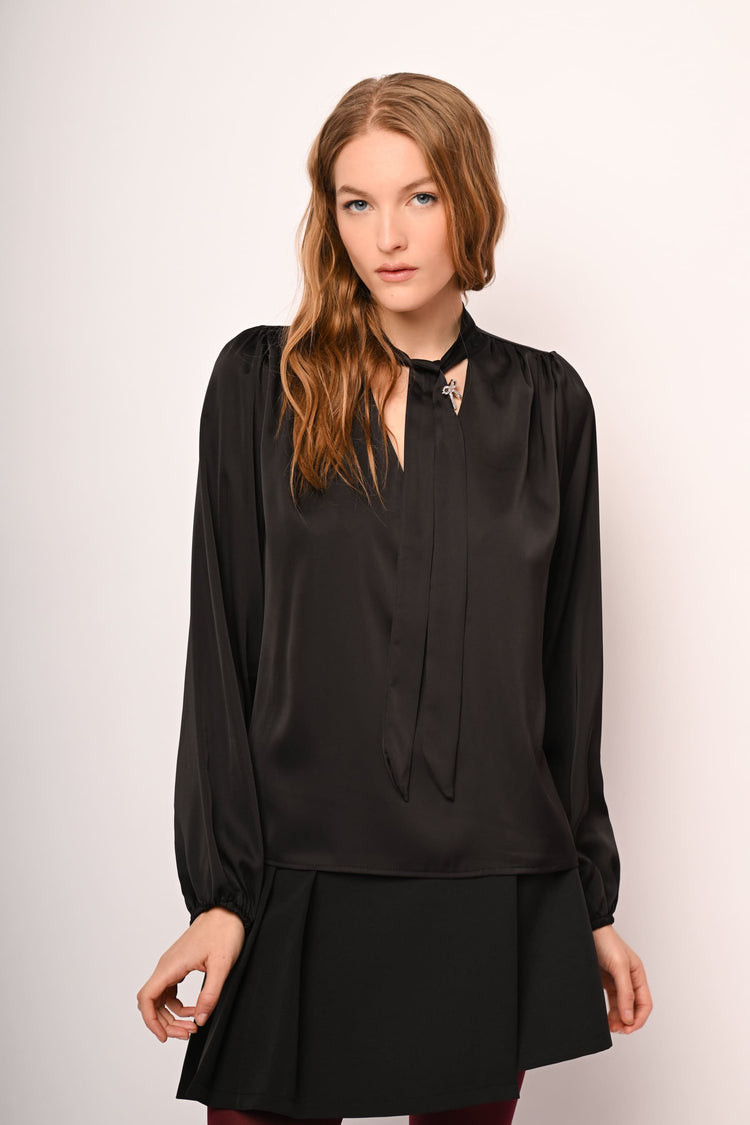 Pin-detail pussy-bow-neck satin blouse