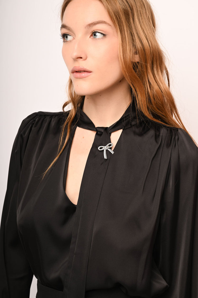 Pin-detail pussy-bow-neck satin blouse