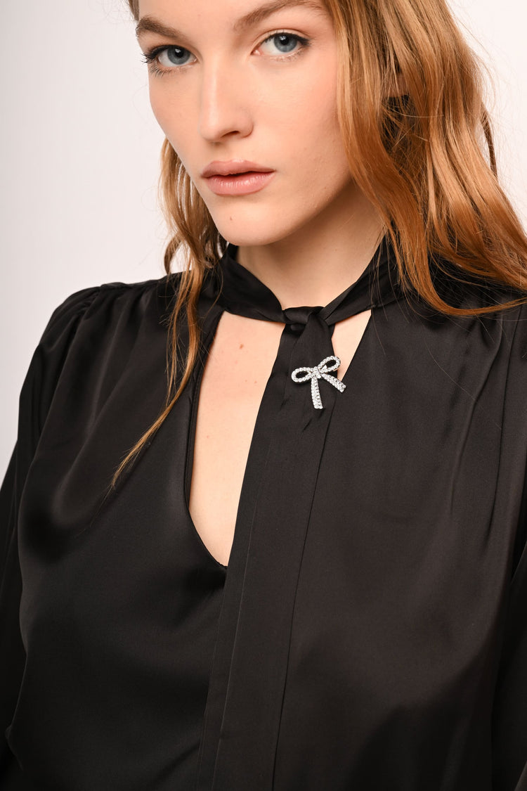Pin-detail pussy-bow-neck satin blouse