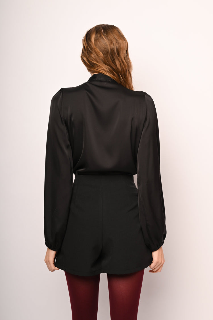 Pin-detail pussy-bow-neck satin blouse