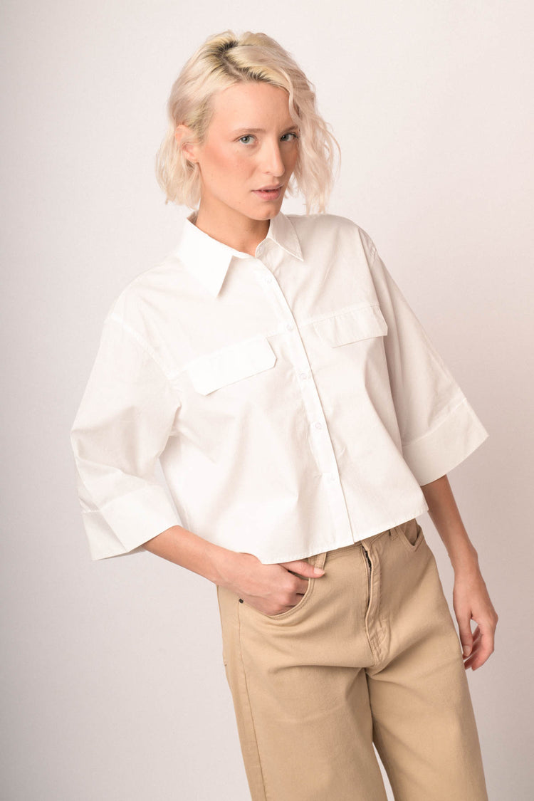 White cotton boxy cropped shirt