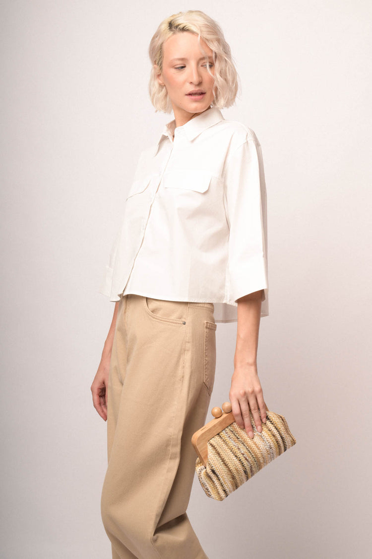White cotton boxy cropped shirt