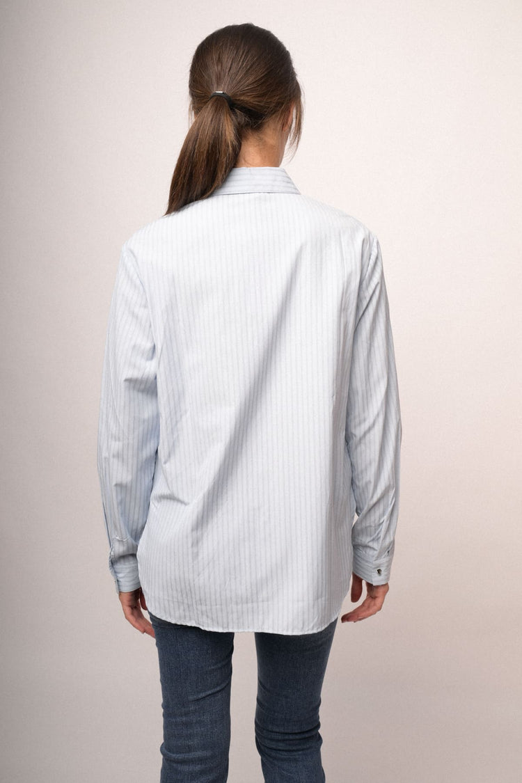 Heart-button sky blue striped cotton-blend shirt