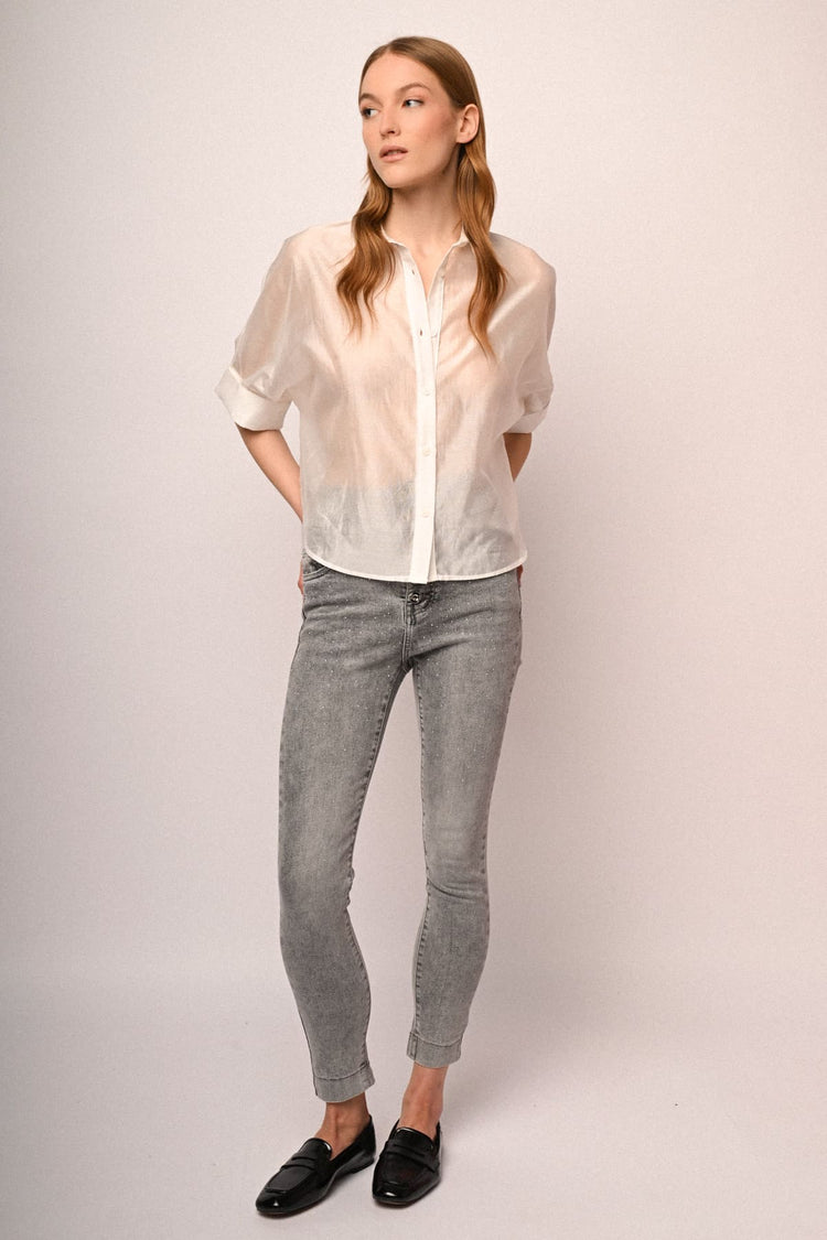 Rhinestone-embellished grey denim skinny jeans