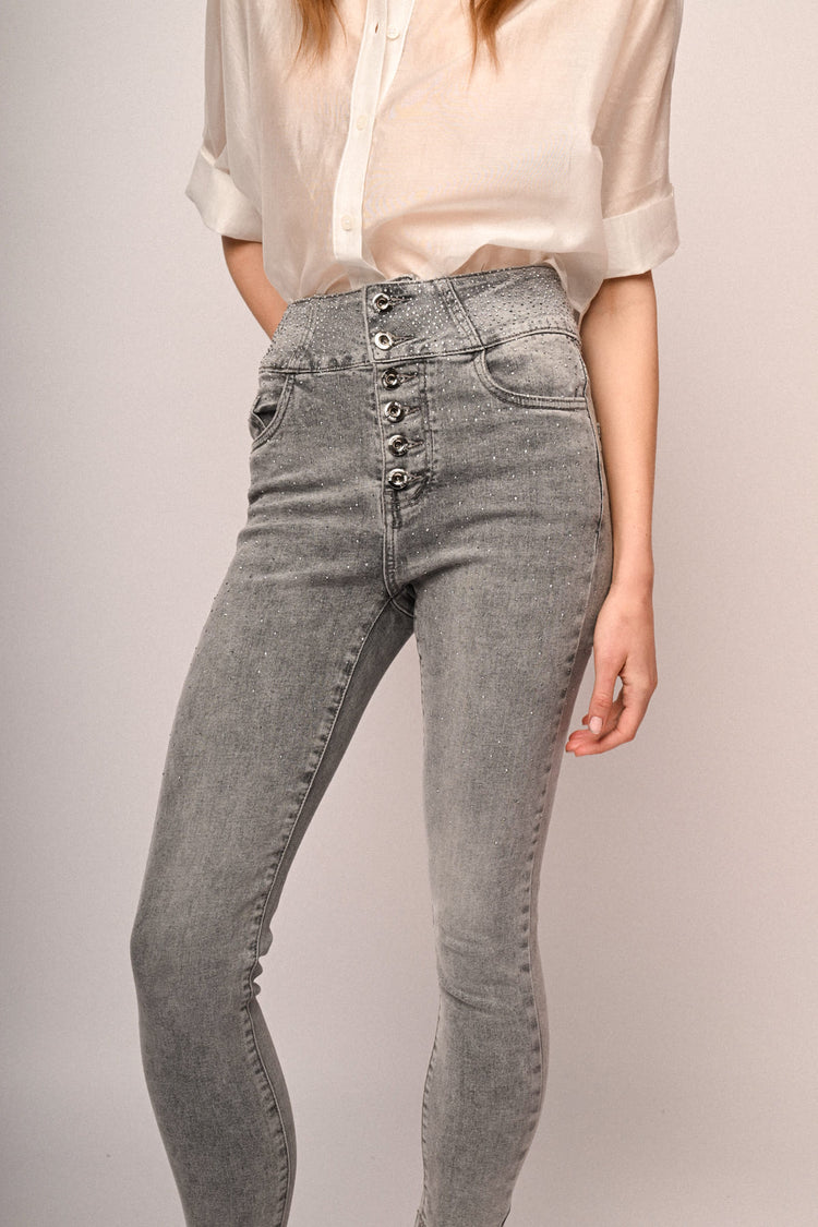 Rhinestone-embellished grey denim skinny jeans