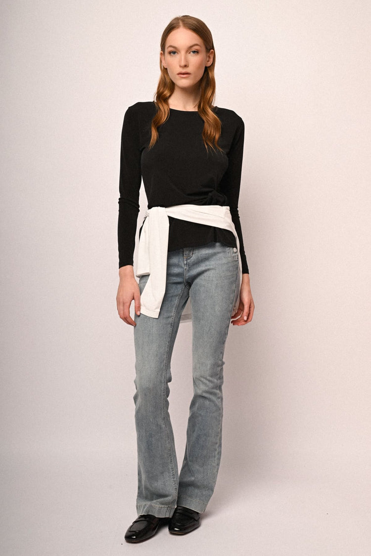 Jewel button light blue denim flared jeans
