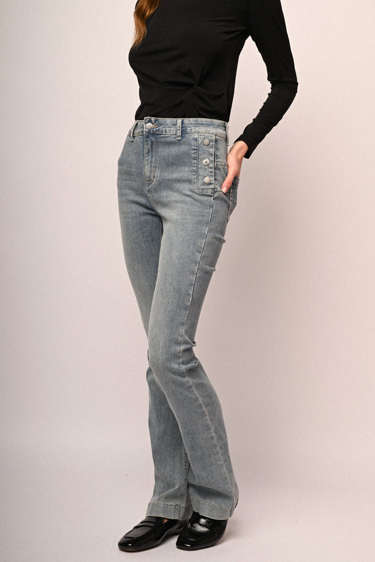 Jewel button light blue denim flared jeans