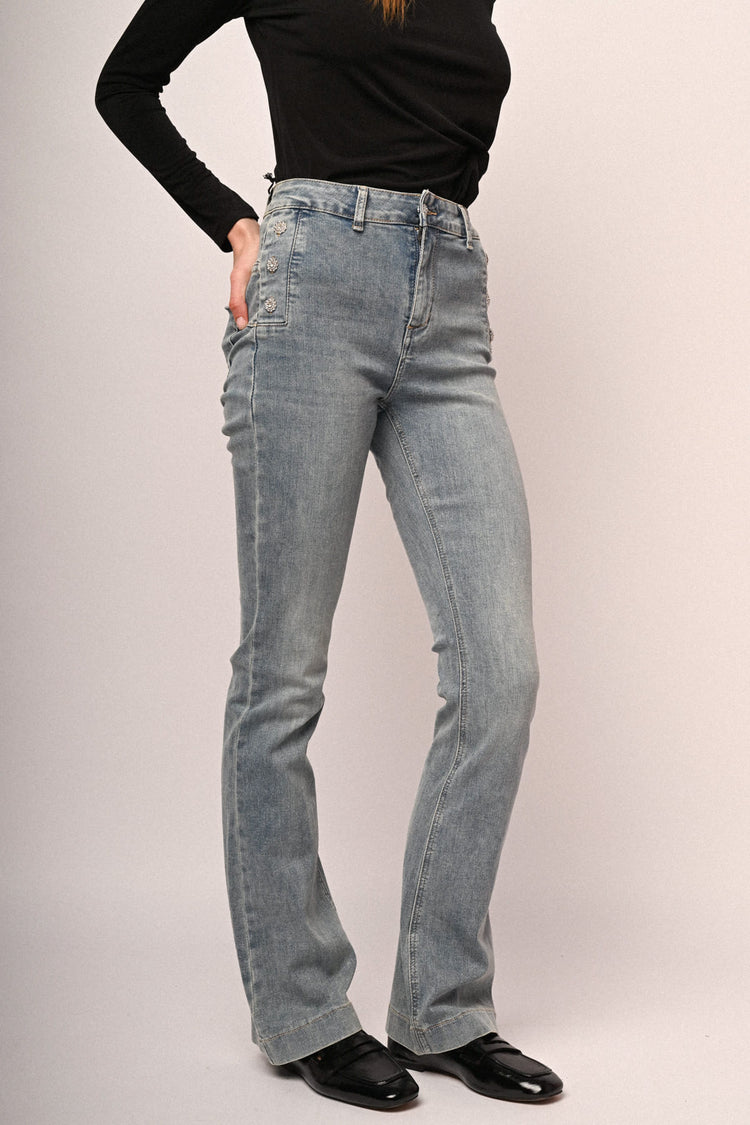Jewel button light blue denim flared jeans