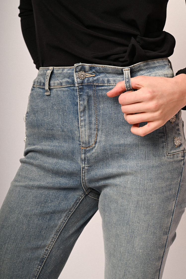 Jewel button light blue denim flared jeans