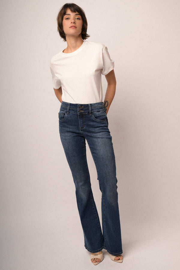 Blue denim flared leg jeans