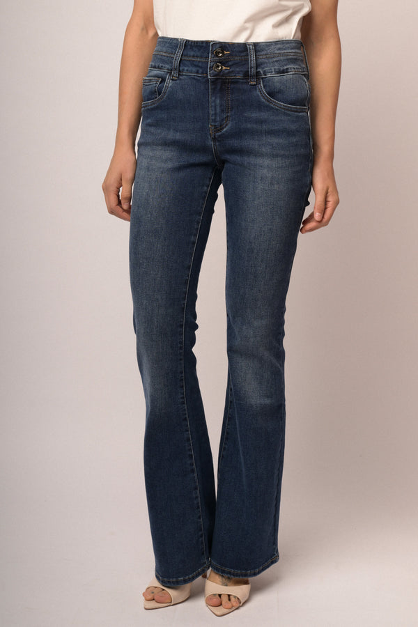 Blue denim flared leg jeans