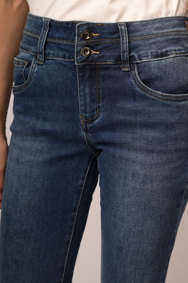 Blue denim flared leg jeans