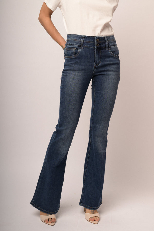 Blue denim flared leg jeans
