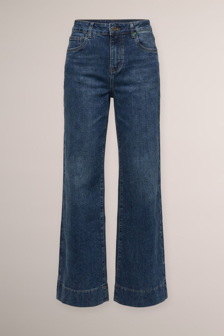 Red topstitching blue denim flared-leg jeans