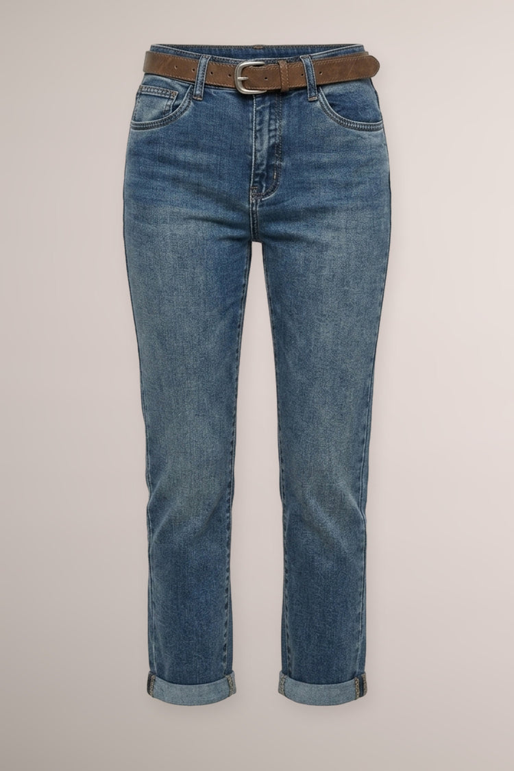 Belted blue denim regular-fit jeans