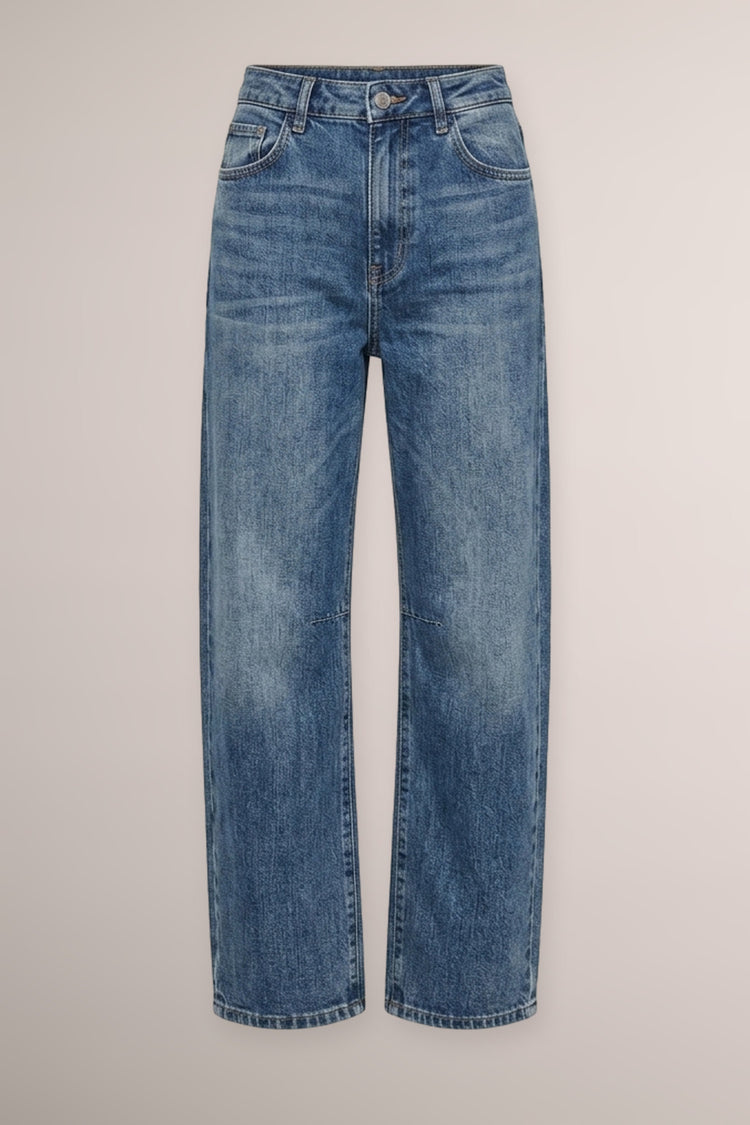 Blue denim barrel-leg jeans