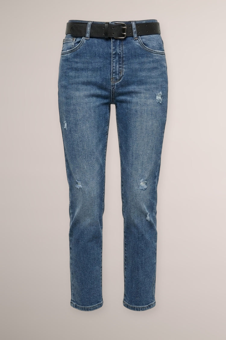 Belted blue destroyed denim regular-fit jeans