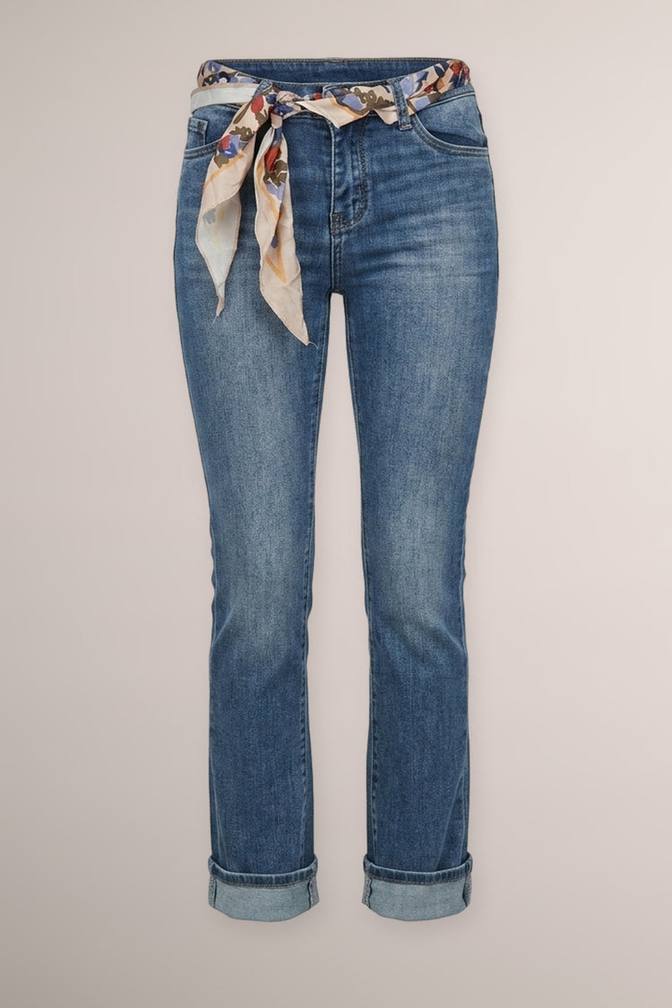 Scarf-detail blue denim flared leg jeans