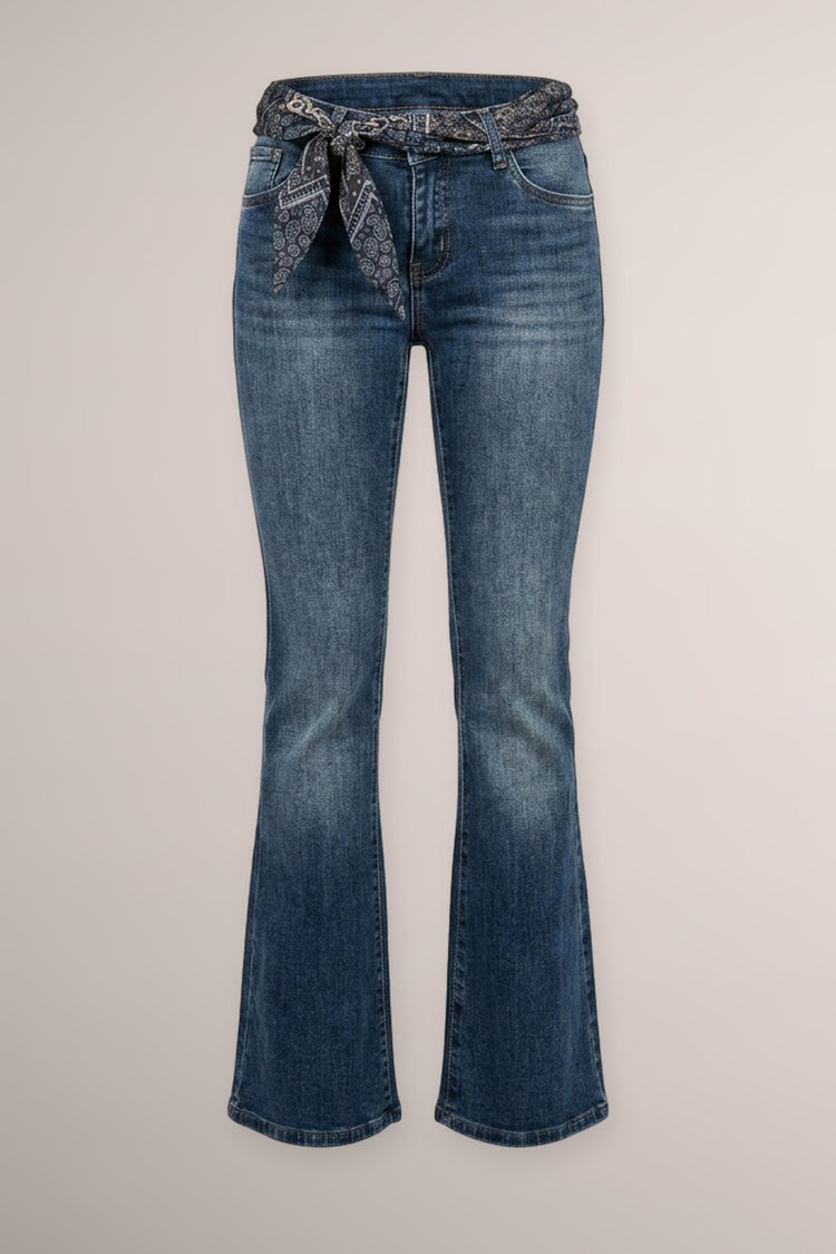 Scarf-detail blue denim flared leg jeans