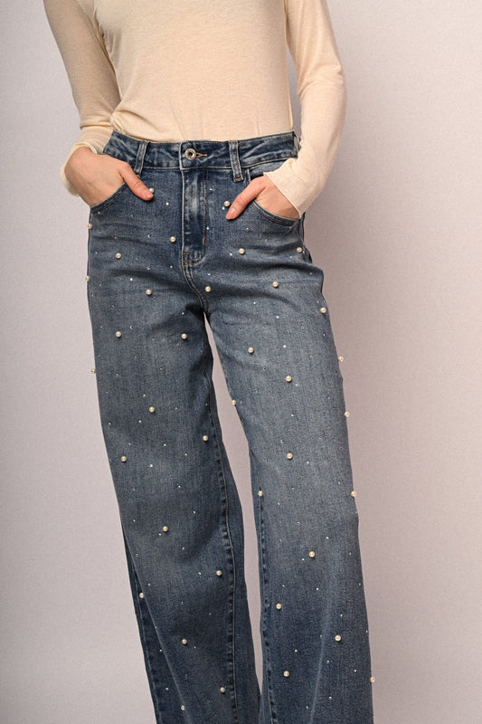 Pearl & rhinestone wide-leg jeans