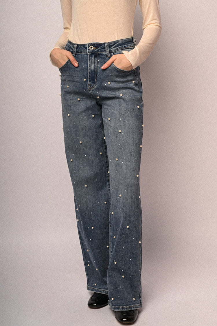 Pearl & rhinestone wide-leg jeans