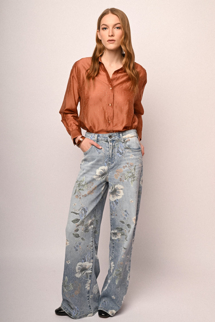 Floral print light blue denim baggy jeans