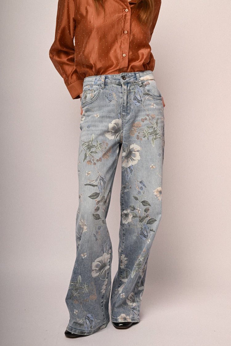 Floral print light blue denim baggy jeans