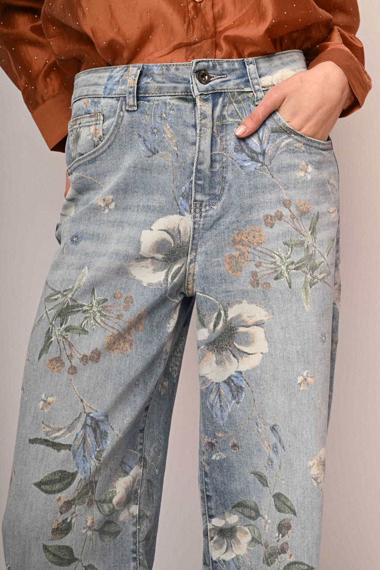 Floral print light blue denim baggy jeans