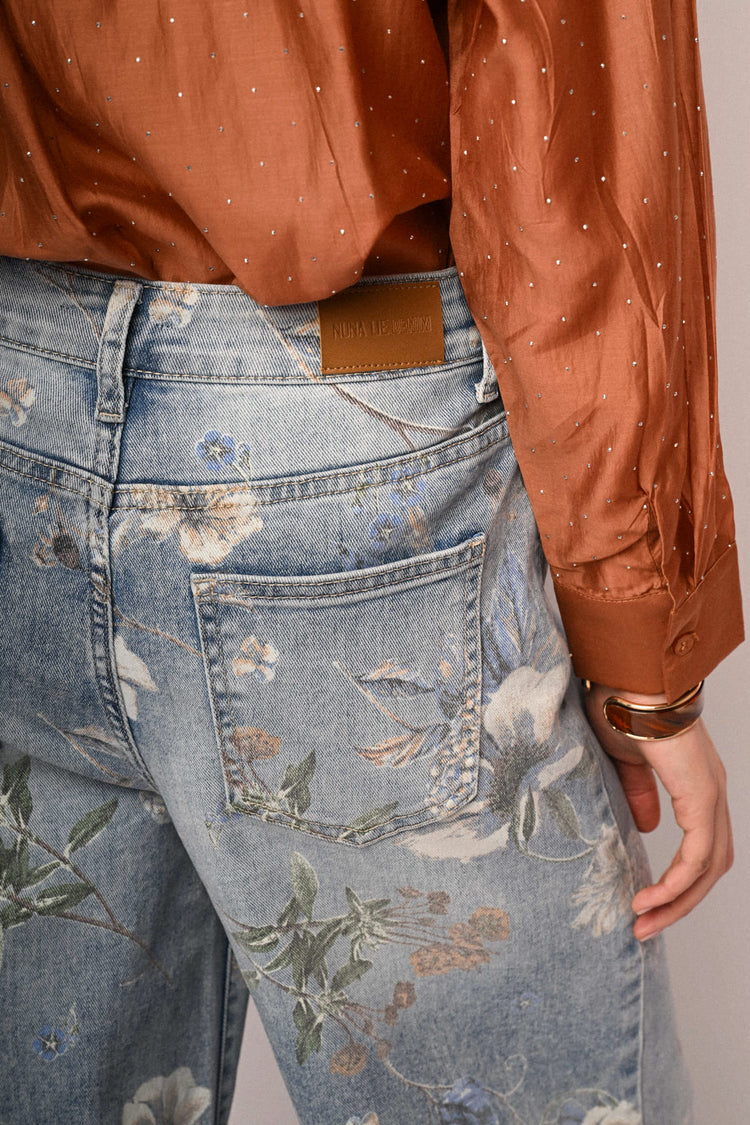 Floral print light blue denim baggy jeans