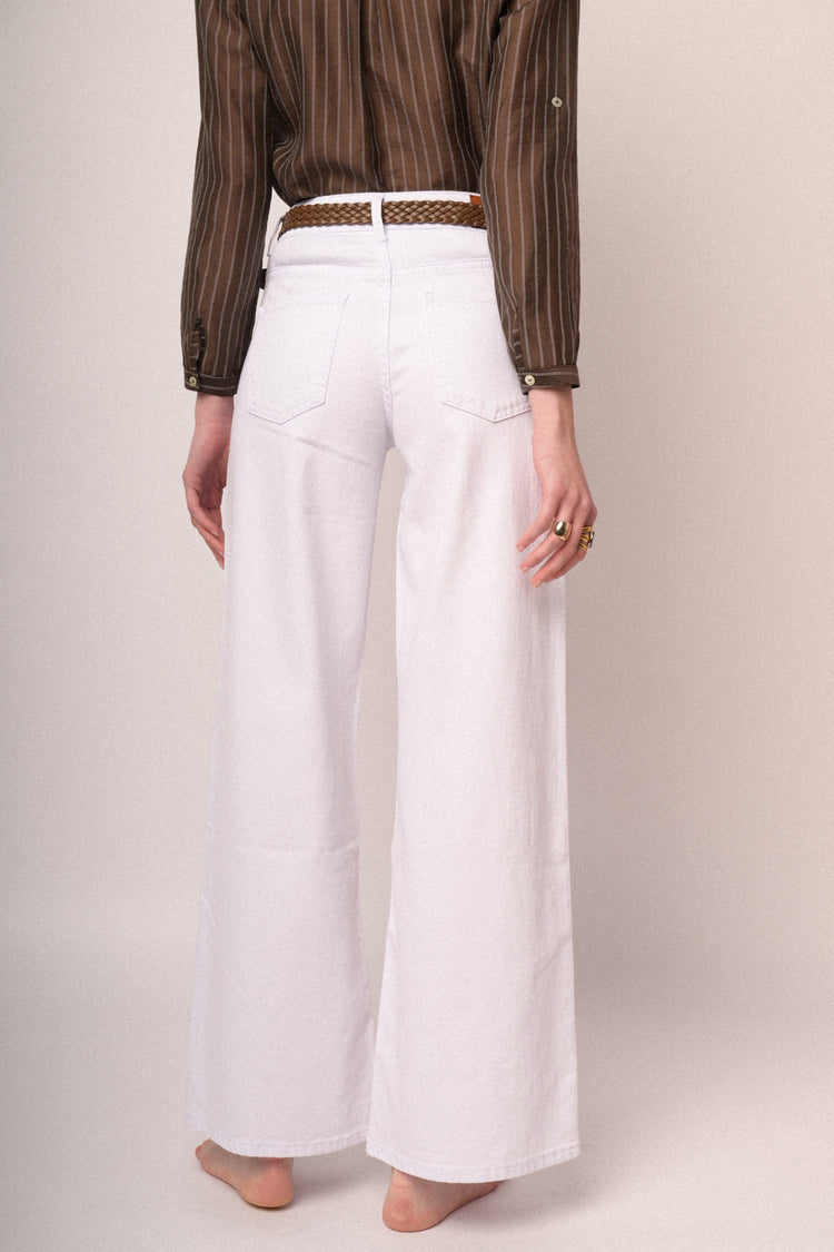 Belted white wide-leg drill trousers