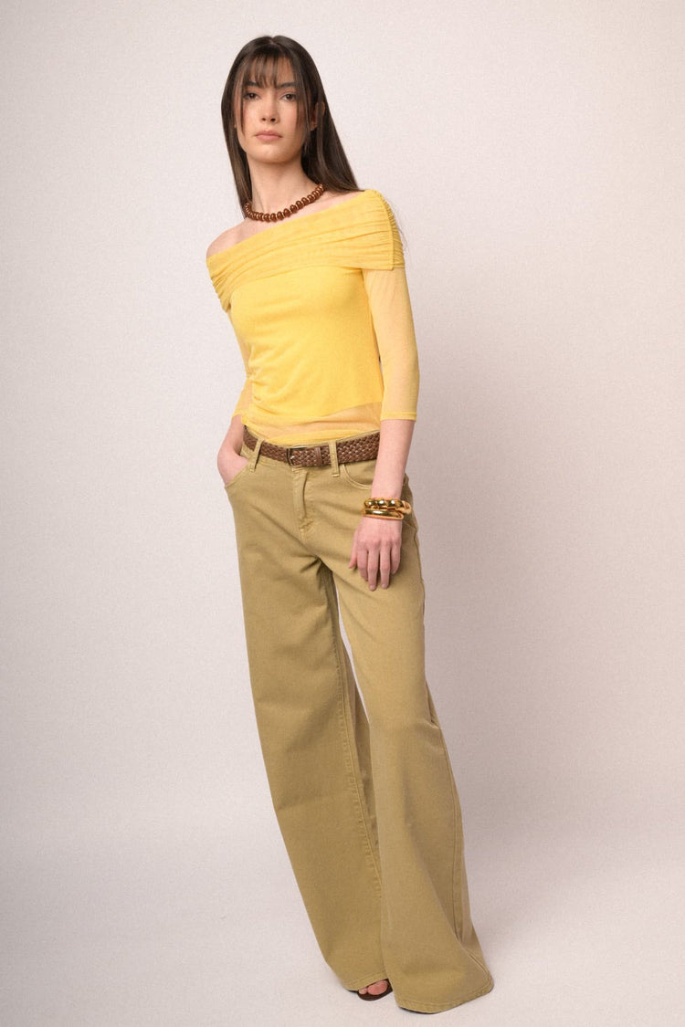 Belted ocher wide-leg drill trousers