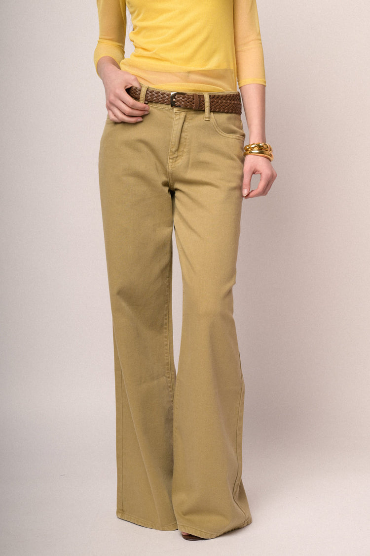 Belted ocher wide-leg drill trousers