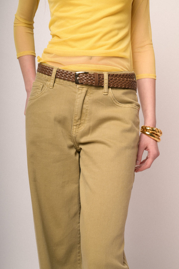 Belted ocher wide-leg drill trousers