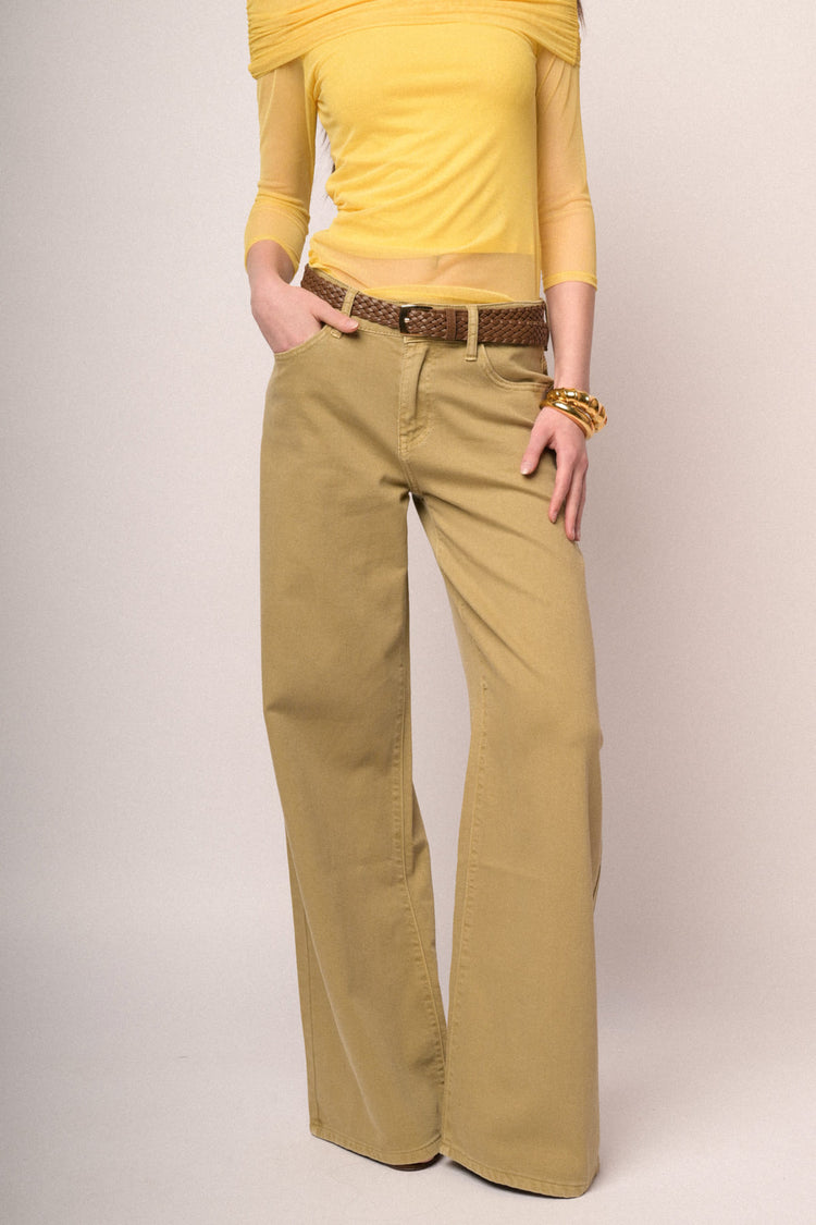 Belted ocher wide-leg drill trousers