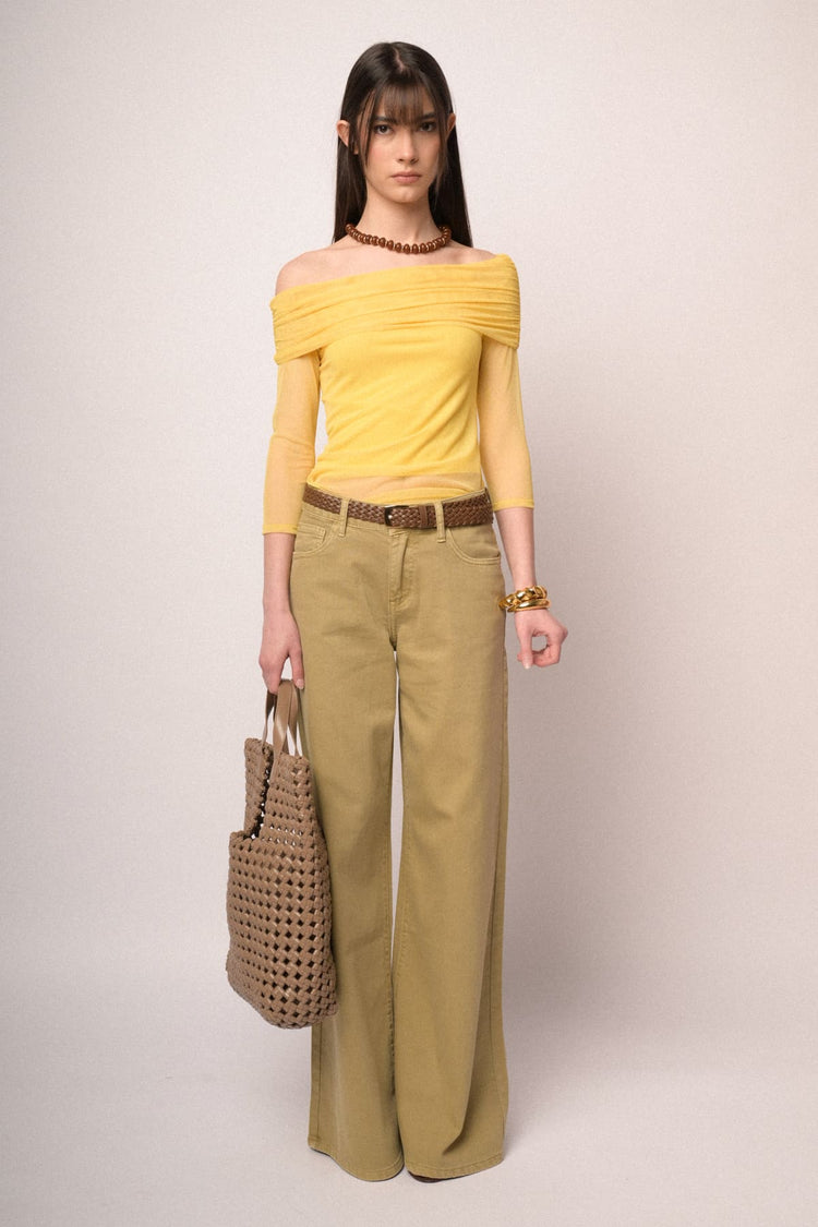 Belted ocher wide-leg drill trousers