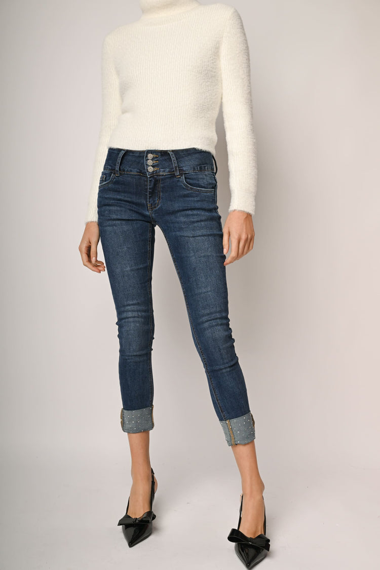 Rhinestone-turn-up skinny jeans