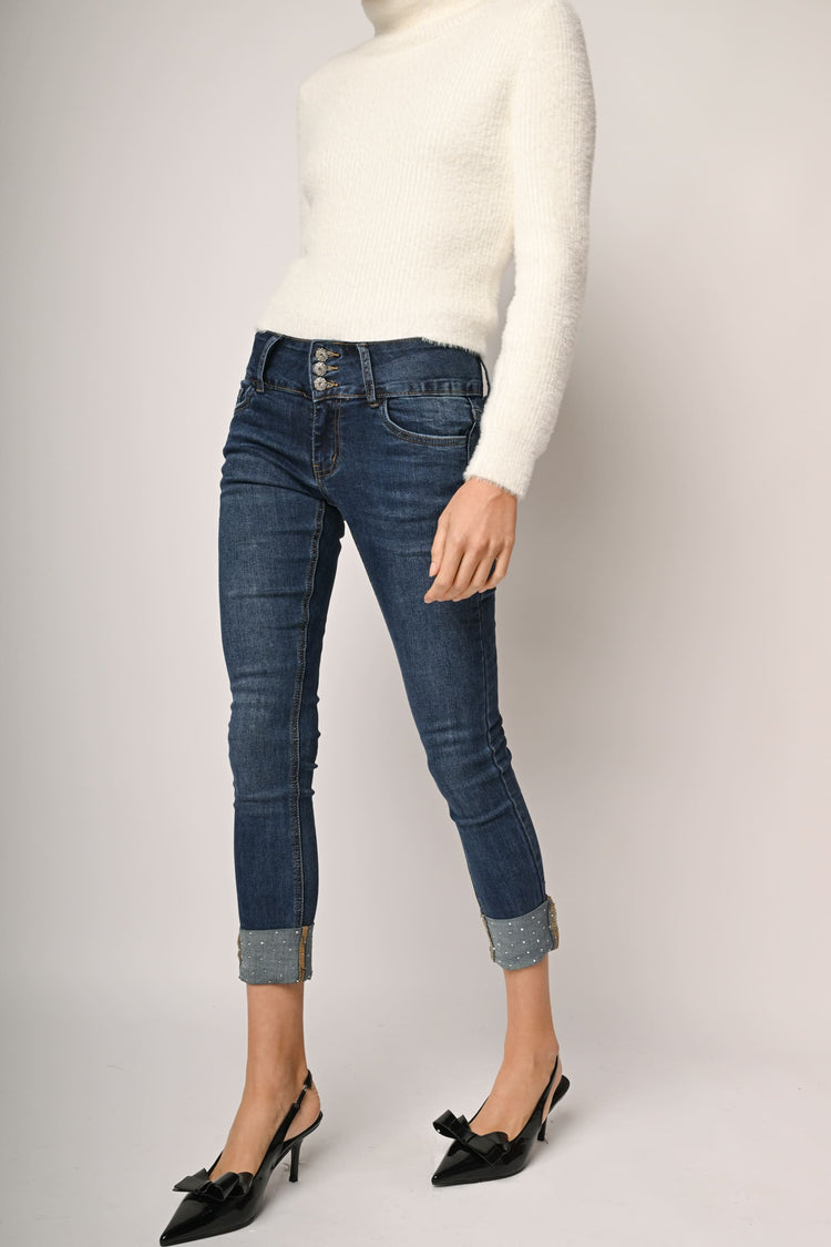 Rhinestone-turn-up skinny jeans