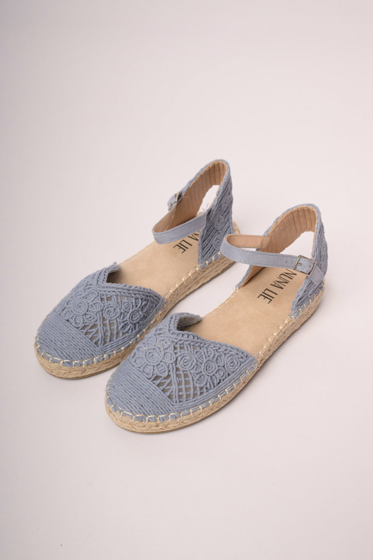 Denim blue crochet flat espadrilles