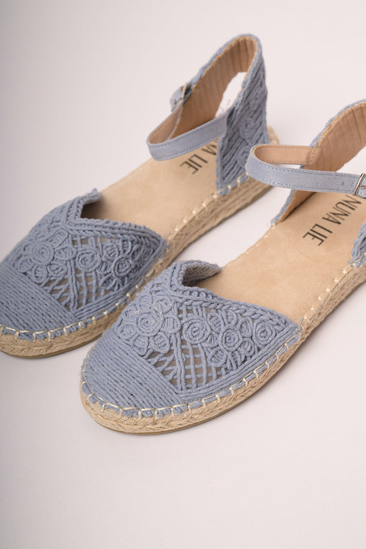 Denim blue crochet flat espadrilles