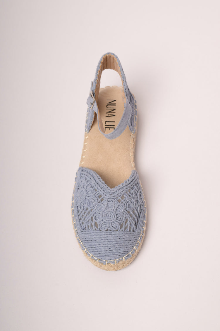 Denim blue crochet flat espadrilles