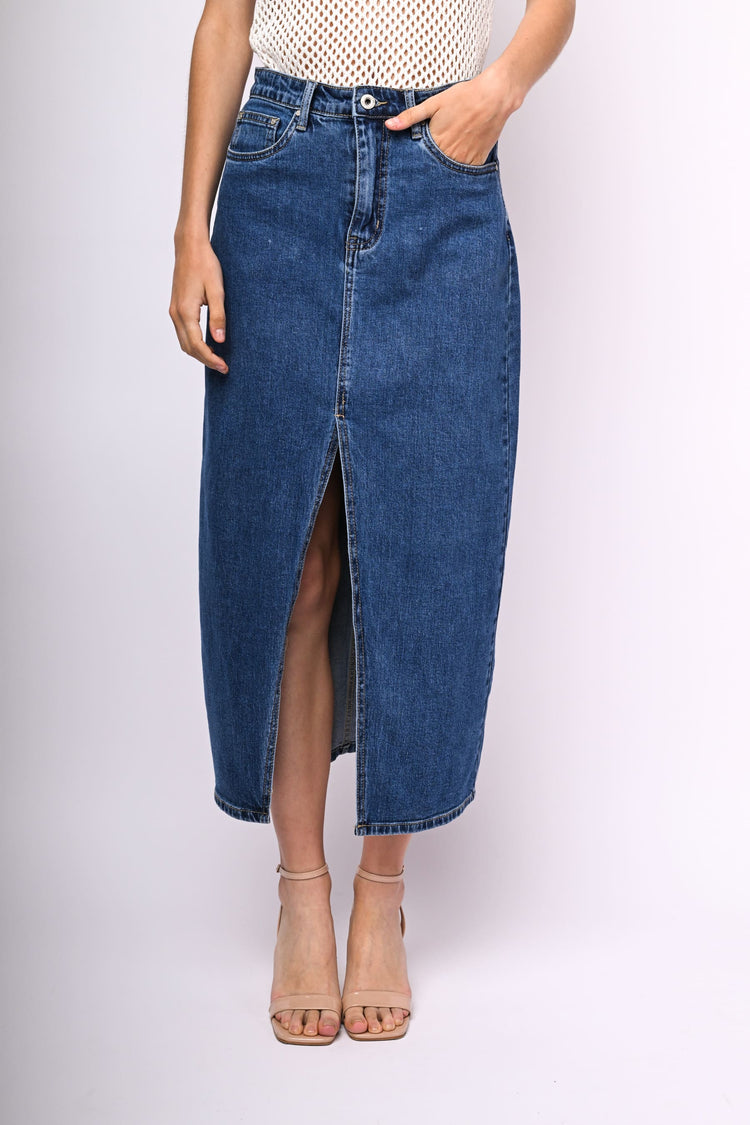 Split long denim skirt