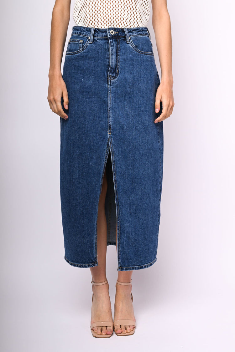Split long denim skirt