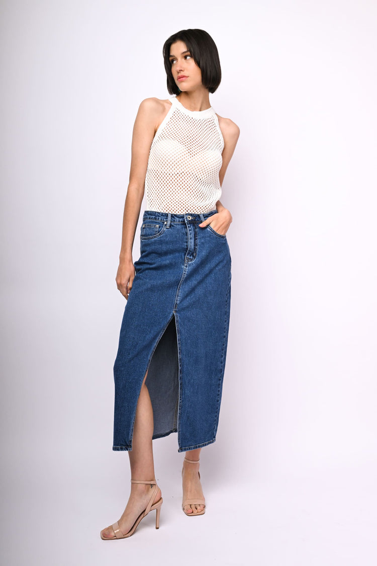 Split long denim skirt