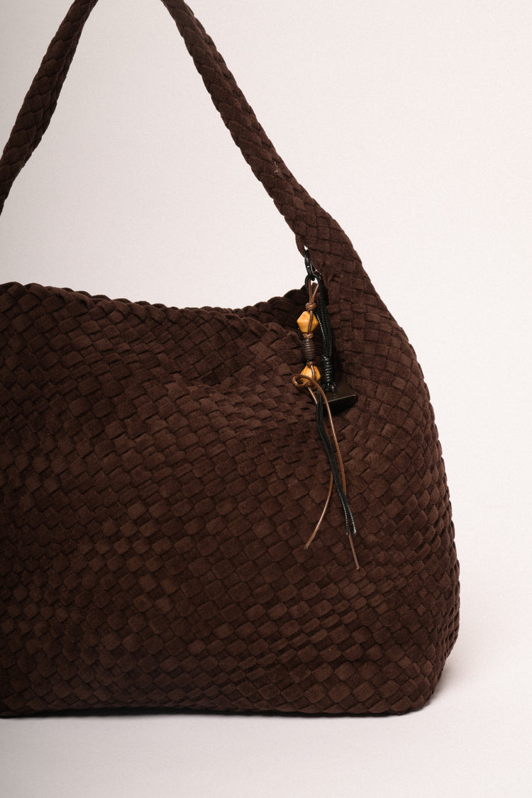 Chocolate woven faux suede shoulder bag