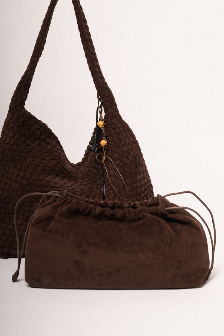 Chocolate woven faux suede shoulder bag
