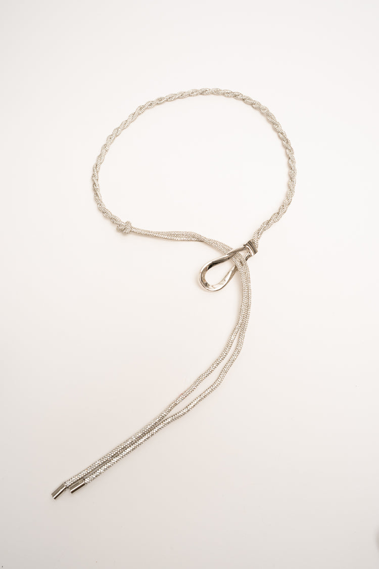 Silver-tone rhinestone-embellished thin ring woven belt