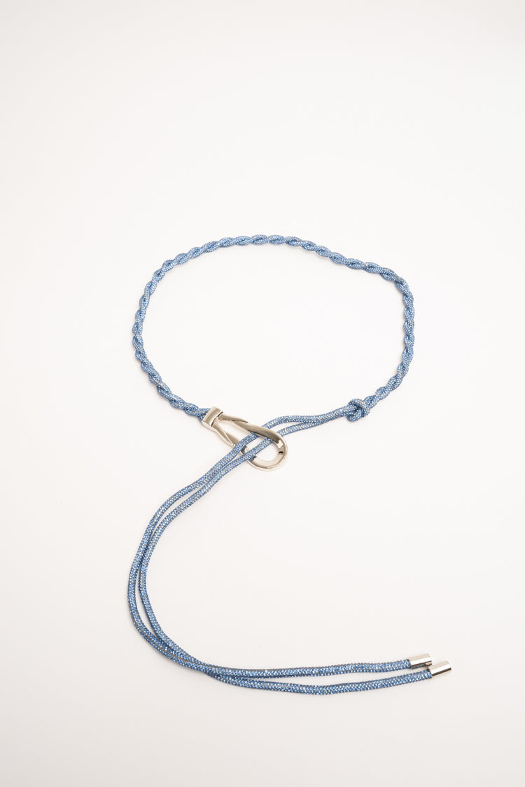 Sky blue rhinestone-embellished thin ring woven belt